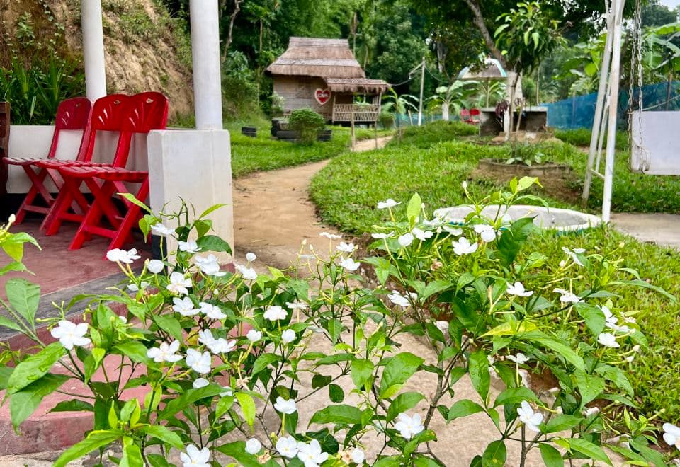 A garden path at Chader Bari Eco Resort leading past red chairs to a thatched-roof hut